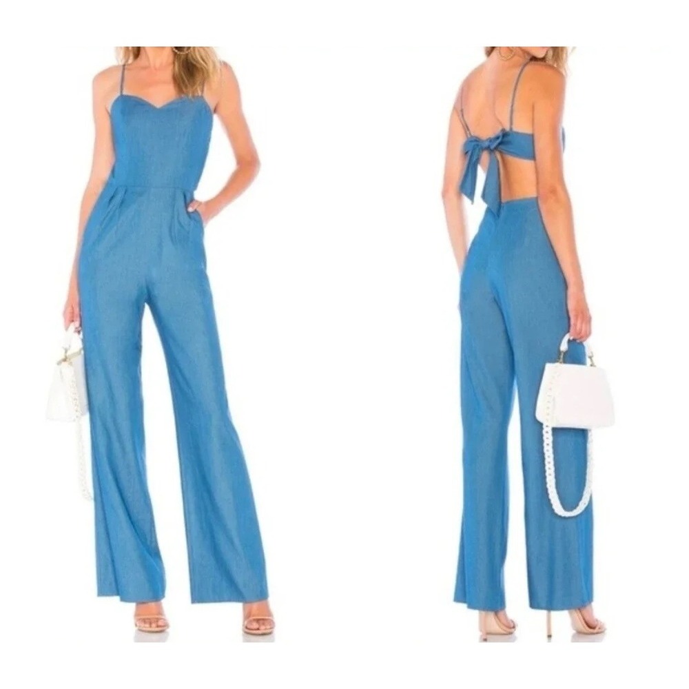 Lovers And Friends Chambray Jumpsuit Sz M Blue Wide Leg Sweetheart Backless